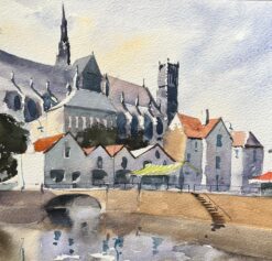 British Impressionist Watercolor of Riverside Town with Cathedral Spires