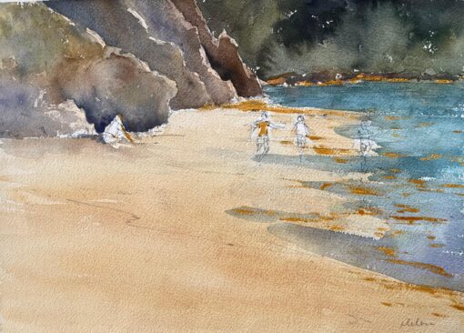 British Impressionist Watercolor of Secluded Beach with Figures by the Shore
