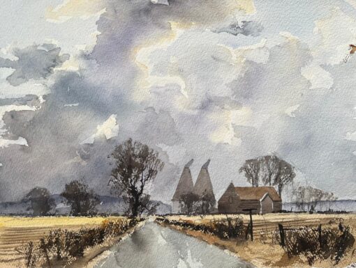 British Impressionist Watercolor of Country Road Leading to Farm Buildings