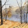 British Impressionist Watercolor of Autumn Landscape with Castle Silhouette