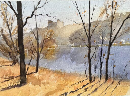 British Impressionist Watercolor of Autumn Landscape with Castle Silhouette