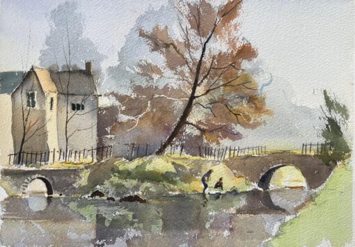 British Impressionist Watercolor of a Riverside House and Arch Bridge in Autumn
