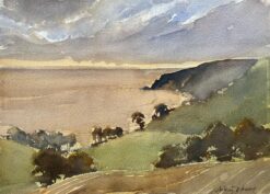 British Impressionist Watercolor of Coastal Landscape of Rolling Hills at Sunset
