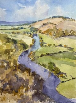 British Impressionist Watercolor of River Winding Through Rolling Hills