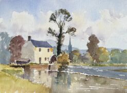 British Impressionist Watercolor of Riverside Mill and Countryside Landscape