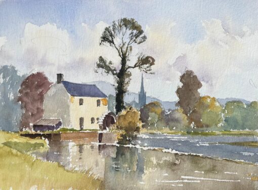 British Impressionist Watercolor of Riverside Mill and Countryside Landscape