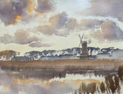 British Impressionist Watercolor of Countryside Windmill and Reflected Skies