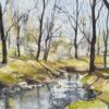 British Impressionist Watercolor of a Woodland Stream in Early Spring