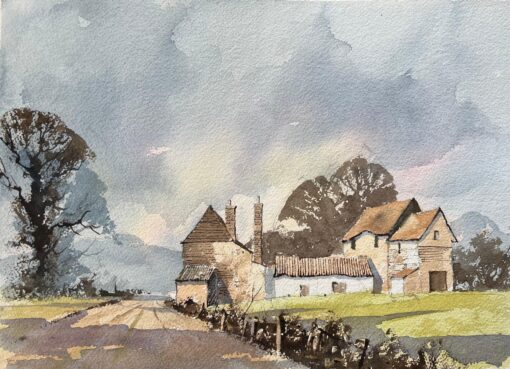 British Impressionist Watercolor of Rural Farmstead in Soft Morning Light