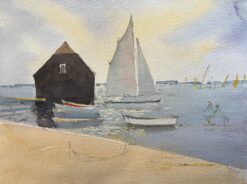 British Impressionist Watercolor, Waterfront Scene with Sailboats and Boathouse