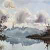 British Impressionist Watercolor of Misty Reflection with Spire Silhouette