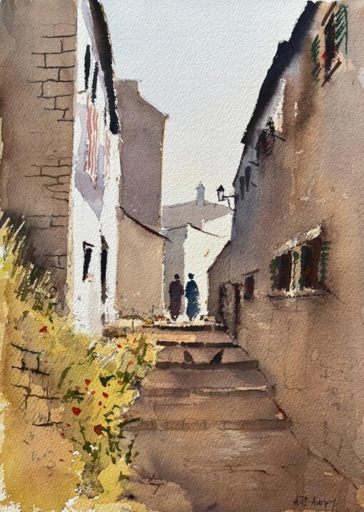 British Impressionist Watercolor of Charming Narrow Alleyway with Figures