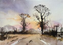 British Impressionist Watercolor of Winter Sunrise with Silhouetted Trees