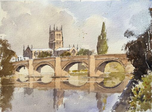 British Impressionist Watercolor of Cathedral and Stone Bridge Over River
