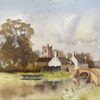 British Impressionist Watercolor of English Village Landscape with Stone Bridge