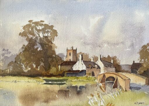 British Impressionist Watercolor of English Village Landscape with Stone Bridge
