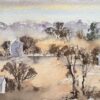 British Impressionist Watercolor of Misty Morning Landscape with Distant Houses