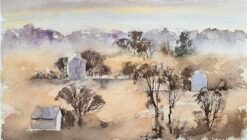 British Impressionist Watercolor of Misty Morning Landscape with Distant Houses
