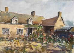 British Impressionist Watercolor of Cottage Garden in Bloom