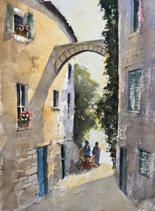 British Impressionist Watercolor of an Italian Village Archway with Figures