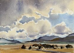 British Impressionist Watercolor of a Vast Sky, Rolling Hills and Farm