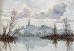 British Impressionist Watercolor of a Church Silhouette over Misty Reflections