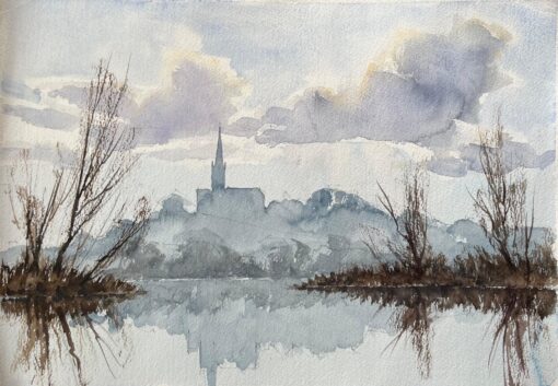 British Impressionist Watercolor of a Church Silhouette over Misty Reflections