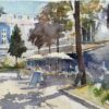 British Impressionist Watercolor of Busy Café in the Shade of a Sunlit Square