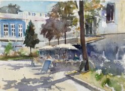 British Impressionist Watercolor of Busy Café in the Shade of a Sunlit Square