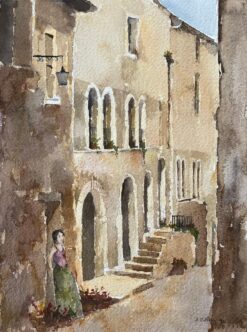 British Impressionist Watercolor of an Alleyway with a Woman in Contemplation