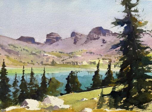 British Impressionist Watercolor of a Mountainous Landscape Pine Trees and Lake