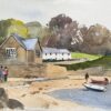 British Impressionist Watercolor of Coastal Village Scene with Boats and Figures