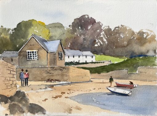 British Impressionist Watercolor of Coastal Village Scene with Boats and Figures