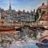 1970's French Impressionist Signed Oil Pretty French Harbor Scene with Boats