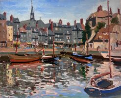 1970's French Impressionist Signed Oil Pretty French Harbor Scene with Boats