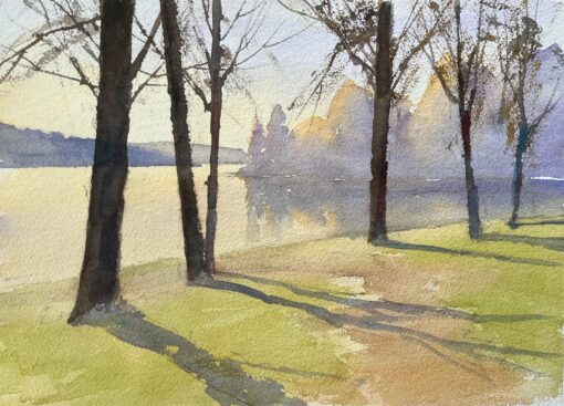 British Impressionist Watercolor of Morning Shadows by the Lake