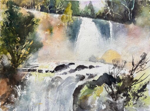 British Impressionist Watercolor of Misty Waterfall at Dawn