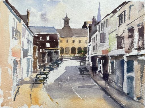 British Impressionist Watercolor of Village Street Leading to the Town Hall