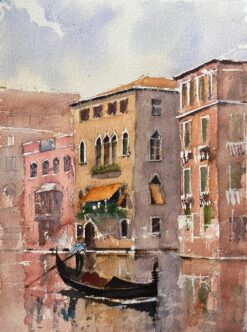 British Impressionist Watercolor of Venetian Reflections with Gondola