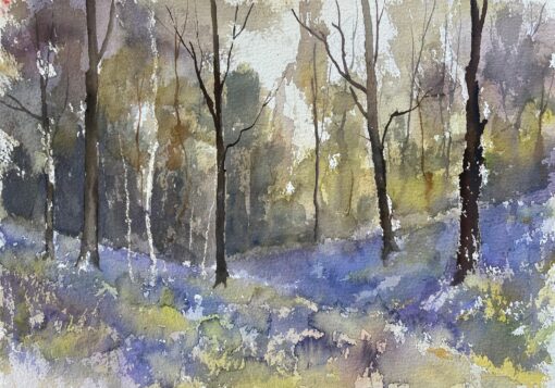 British Impressionist Watercolor of Woodland of Bluebells in the Morning Light
