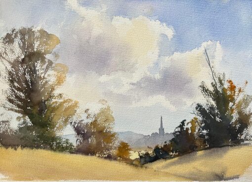 British Impressionist Watercolor of Distant Spire Under Expansive Sky