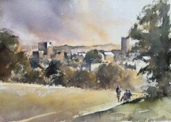 British Impressionist Watercolor of Church and Village View with Figures Talking