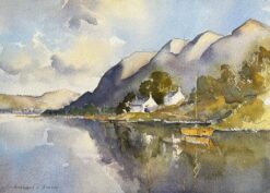 British Impressionist Watercolor of Lochside Cottages with Reflections on Water