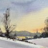 British Impressionist Watercolor of Winter Sunset over Sledging Figures
