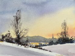 British Impressionist Watercolor of Winter Sunset over Sledging Figures