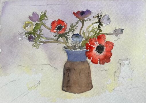 British Impressionist Watercolor of Bouquet of Anemones in a Vase