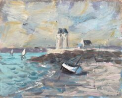 French Impressionist Oil Painting of a Lighthouse Perched on a Rocky Outcrop