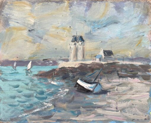 French Impressionist Oil Painting of a Lighthouse Perched on a Rocky Outcrop