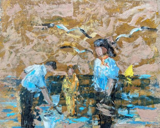 French Impressionist Oil Painting of Seaside Gathering with Fishermen and Child