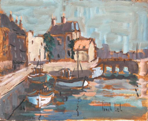 French Impressionist Oil Painting of Harbor Scene with Boats and Waterfront